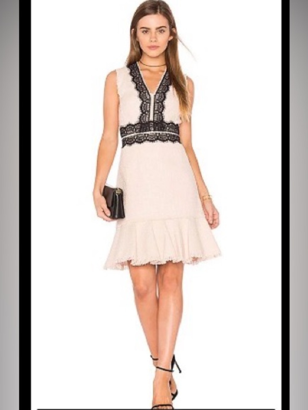 New Rebecca Taylor Cream Mini Dress with Black Lace Trim